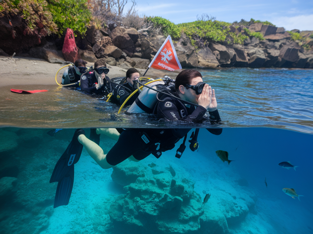 Step-by-step plan to complete a guided shore dive at playa chica with ear equalisation strategy, entry timing and emergency signals