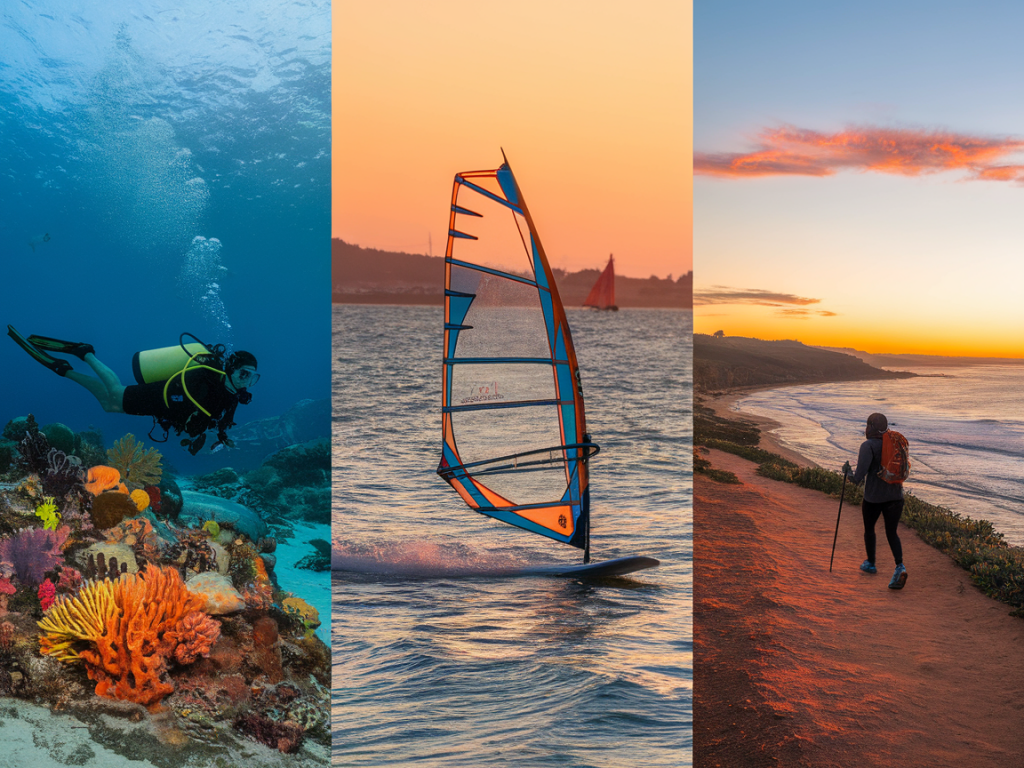 One-day multi-sport route: morning scuba at playa chica, afternoon windsurf at famara and an easy coastal sunset hike