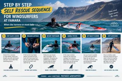 step-by-step self-rescue sequence for windsurfers at famara when the harness or mast fails